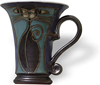 Blue Wheel Thrown Pottery Mug with Hand Painted Cat, Handmade Mug image